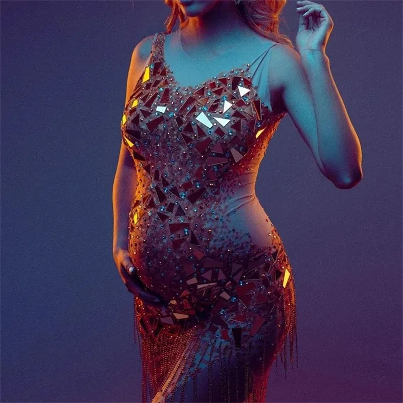 Vestido de fotografía de maternidad con borlas, Sexy, dorado, con diamantes de imitación, espejo, brillo, abertura lateral, accesorios de fotografía para mujer embarazada - imagen 4