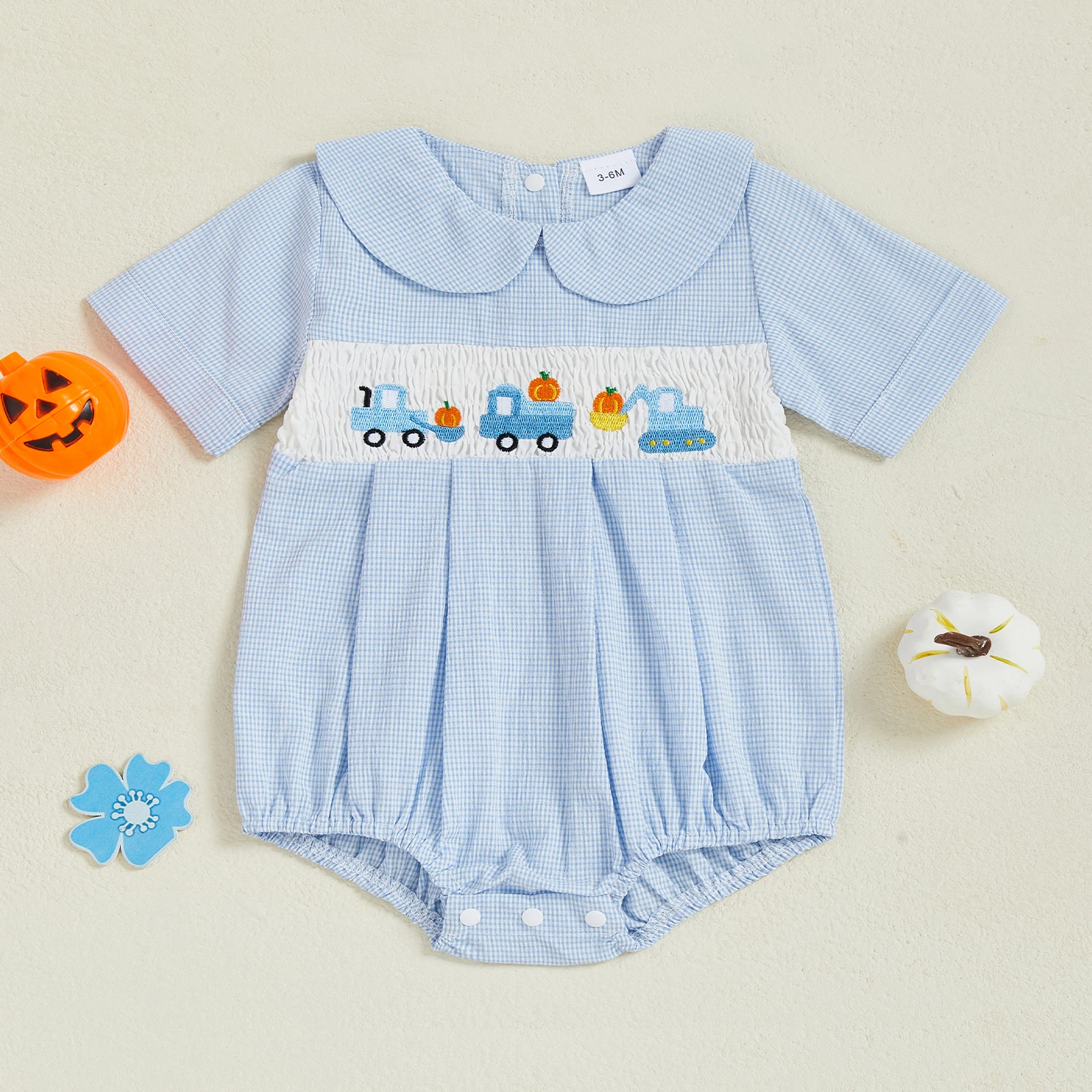 SUNSIOM, pelele a cuadros de verano para bebé, bordado de calabaza, mono de manga corta con cuello de muñeca, mono infantil, ropa de calle