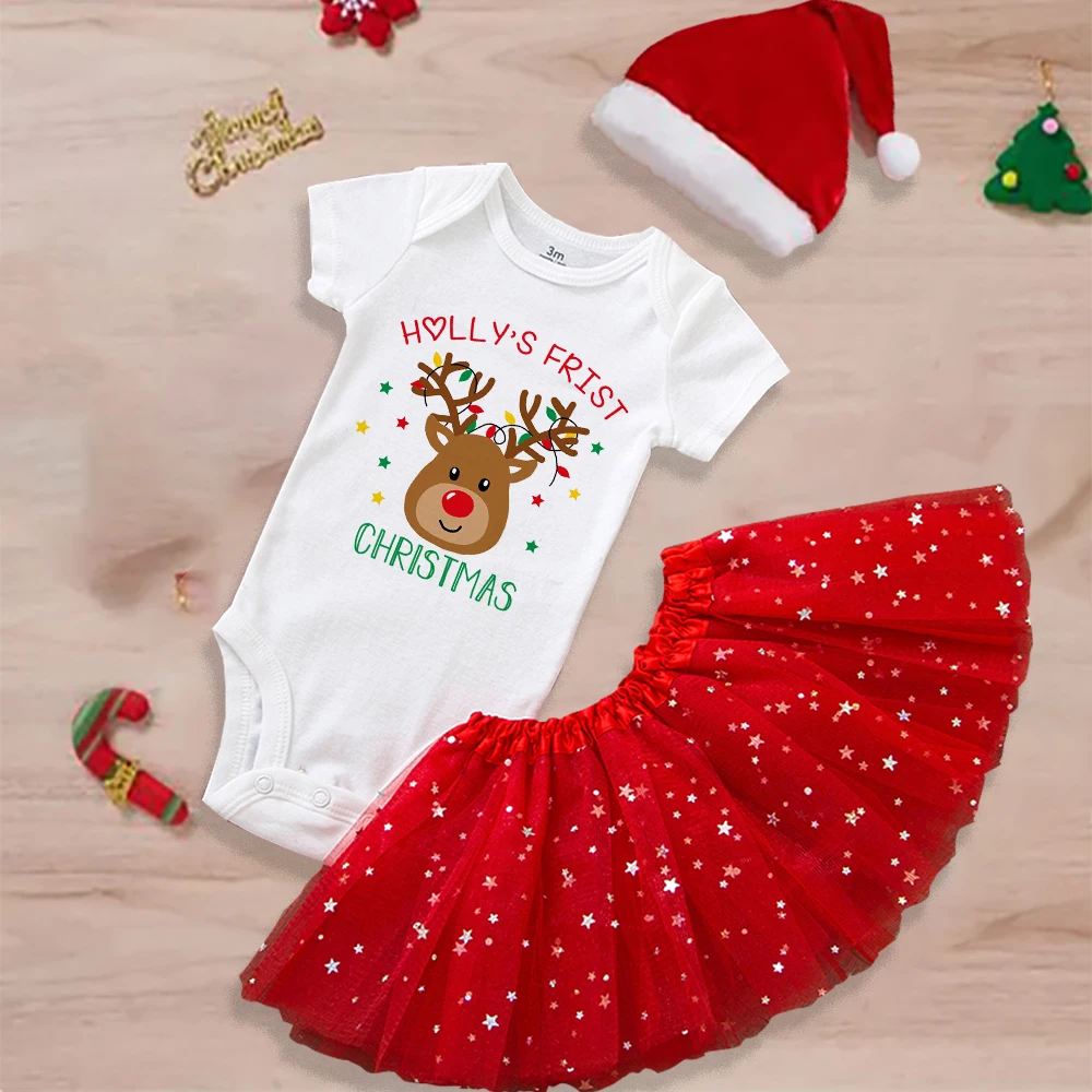 Body de bebé de Navidad personalizado, vestidos de pastel con nombre personalizado, mono de manga larga para niñas, faldas tutú, trajes de fiesta de Navidad para niños pequeños