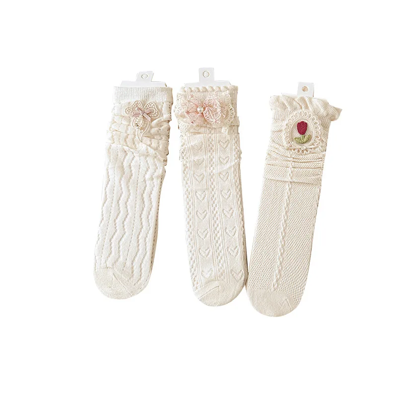 1 par de calcetines hasta la pantorrilla de encaje Floral dulce para niños niña Color Beige arco corazón hueco calcetín para niños Primavera Verano calcetín fino transpirable - imagen 5