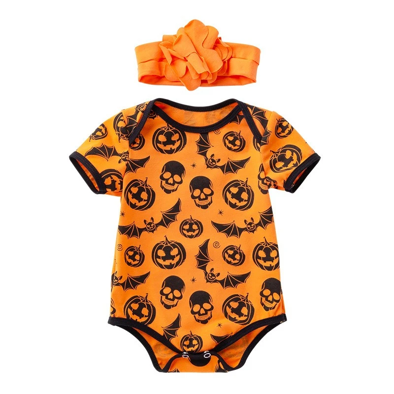 Barboteuse d'halloween unisexe pour bébé, avec bandeau, body imprimé mignon à manches courtes, combinaison de fête confortable pour garçons et filles