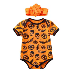 Barboteuse d'halloween unisexe pour bébé, avec bandeau, body imprimé mignon à manches courtes, combinaison de fête confortable pour garçons et filles