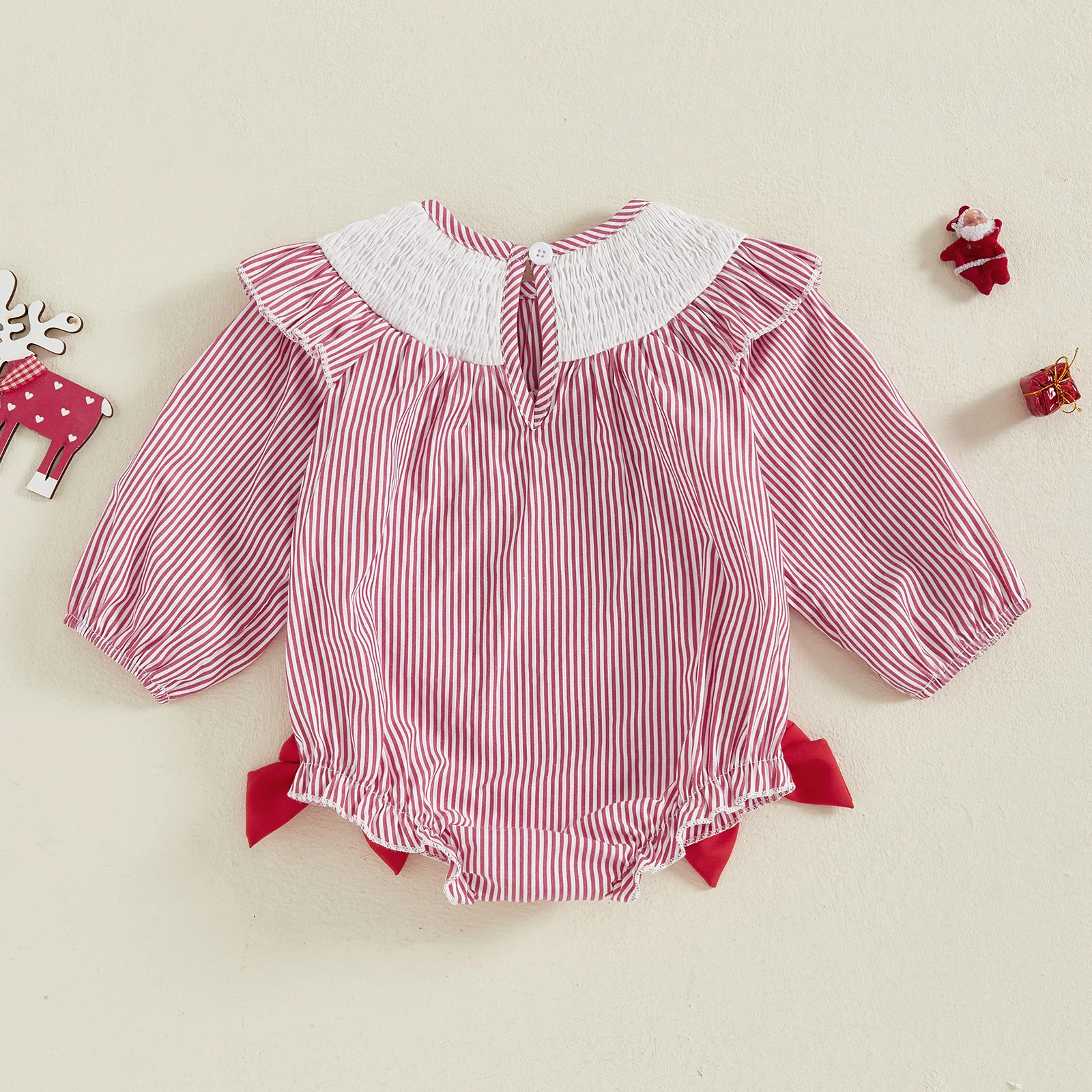 Mameluco de rayas navideñas para niñas de 0 a 18 meses, mono con cuello redondo y manga larga con bordado de árbol y ciervo - imagen 2