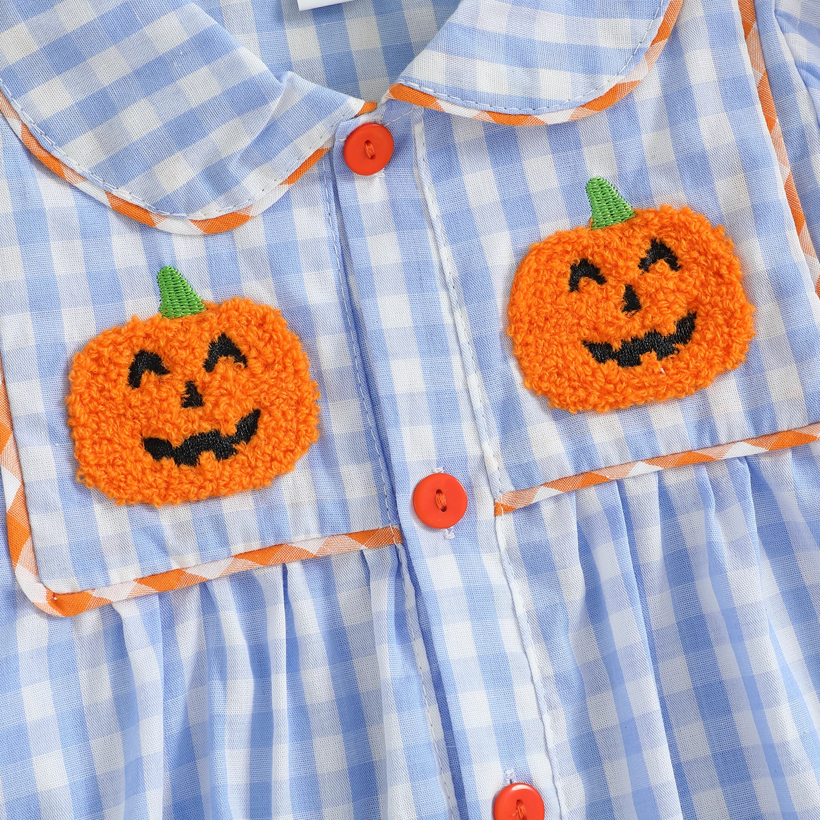 VISgogo Mono bordado de calabaza para niña de 0 a 18 meses, peleles a cuadros con cuello de muñeca de manga corta para Halloween - imagen 4