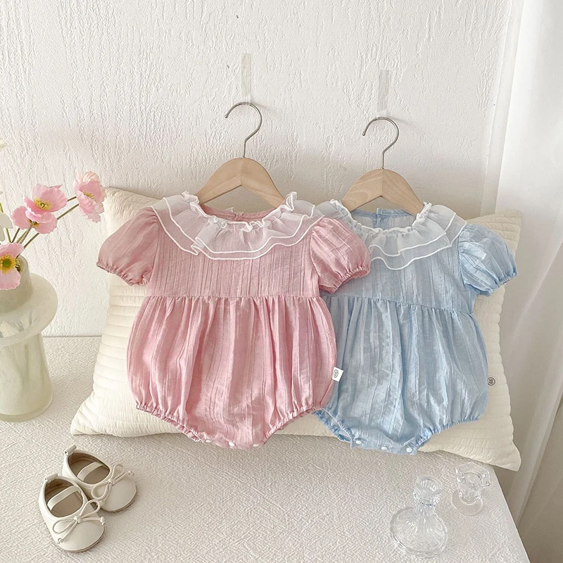 Body de verano para niñas de 0 a 2 años, bonito mono de encaje con cuello de hoja de loto para niñas pequeñas, mono de Color sólido, ropa para bebés - imagen 2