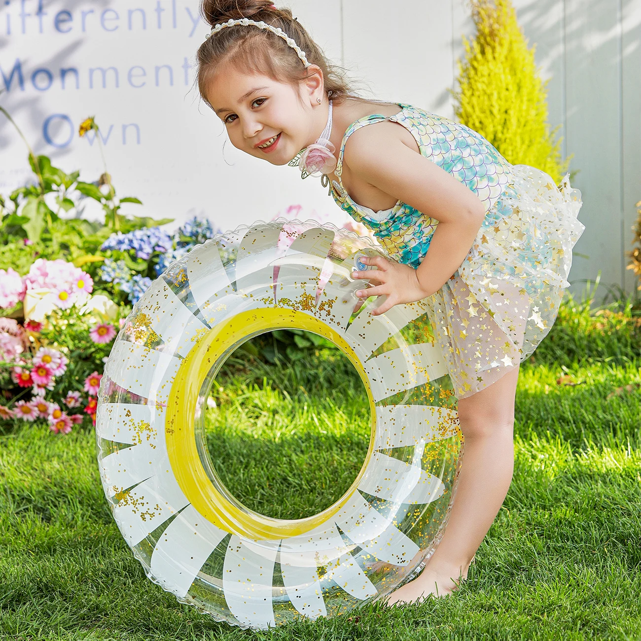 Anillo de natación inflable girasol con purpurina plegable