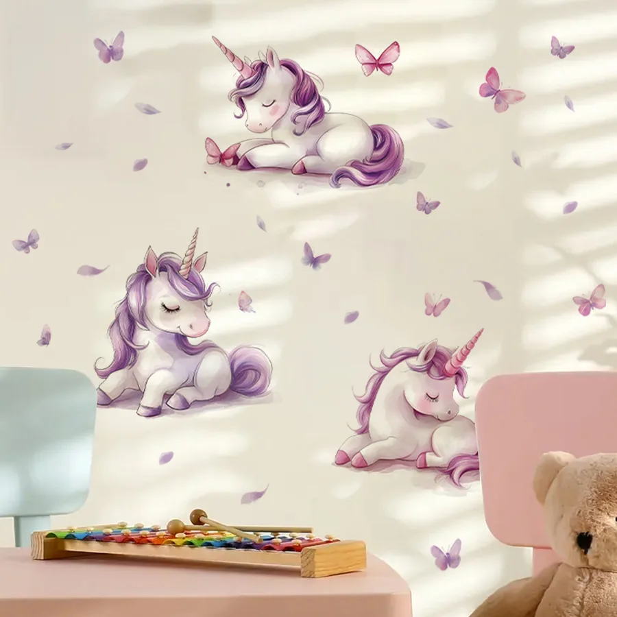 Pegatinas de pared de unicornio de ensueño, pegatinas de pared autoadhesivas de dibujos animados de mariposa, pegatinas de decoración para dormitorio y habitación de niños