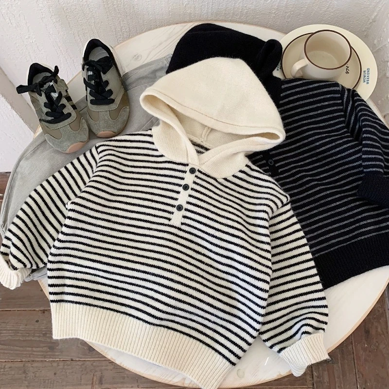 Jersey de rayas con capucha para niños – Tejido cálido de manga larga
