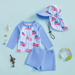Suefunskry Conjunto de traje de baño para bebés del 4 de julio con estampado de bandera de verano, protector contra sarpullidos y bañadores y sombrero, ropa de playa