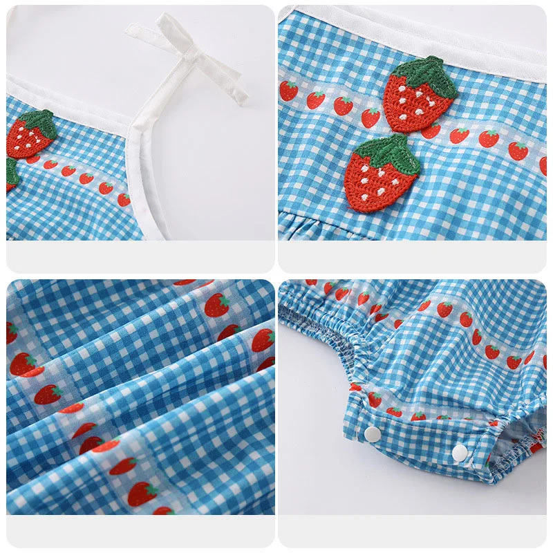 MILANCEL-Body con tirantes para bebé, novedad de verano, mono de una pieza con bordado de fresa a cuadros azules para niña pequeña - imagen 3