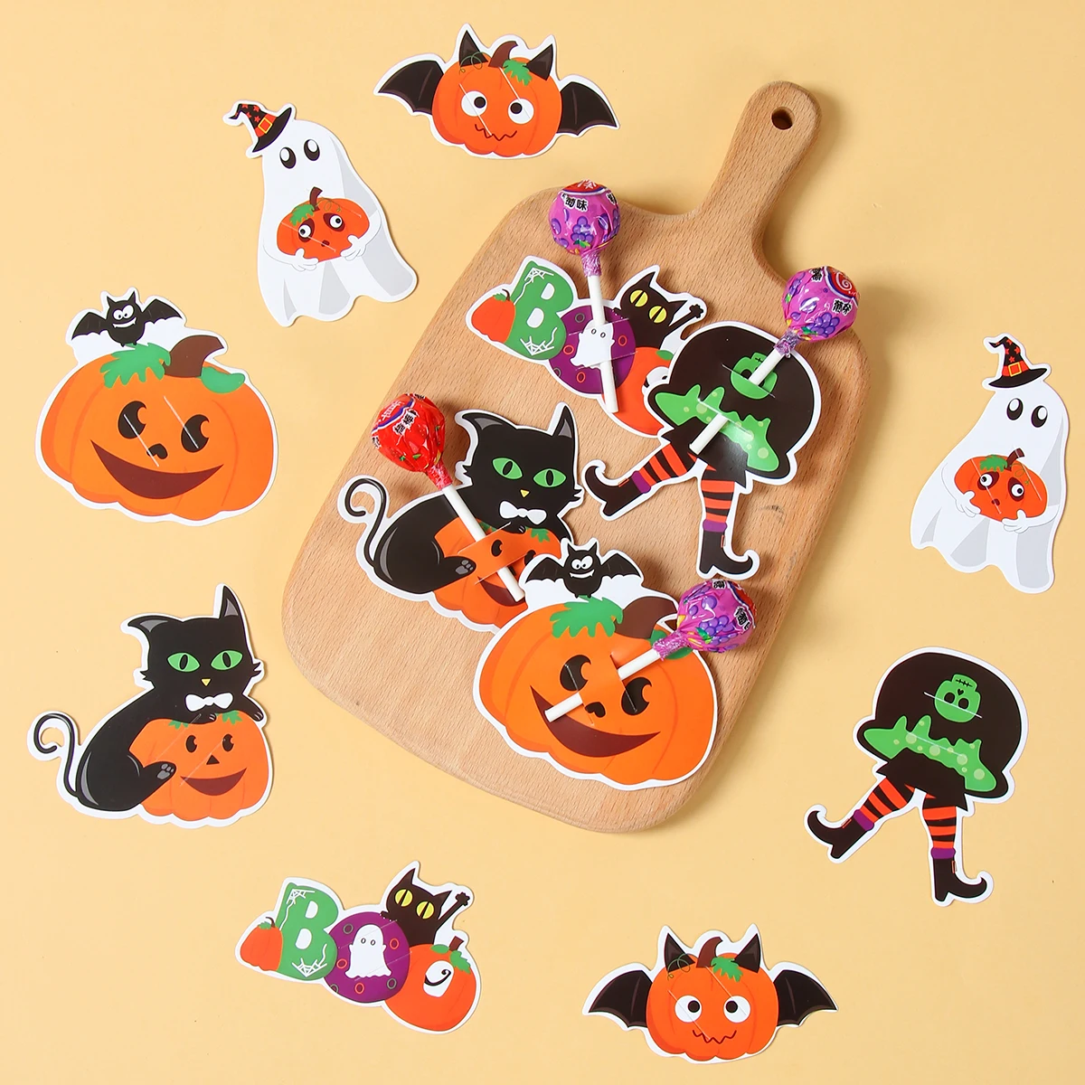 48 unids/set tarjetas de piruleta de Halloween calabaza gato fantasma envases de dulces para niños regalo de truco o trato soportes de dulces para fiesta de Halloween - imagen 4