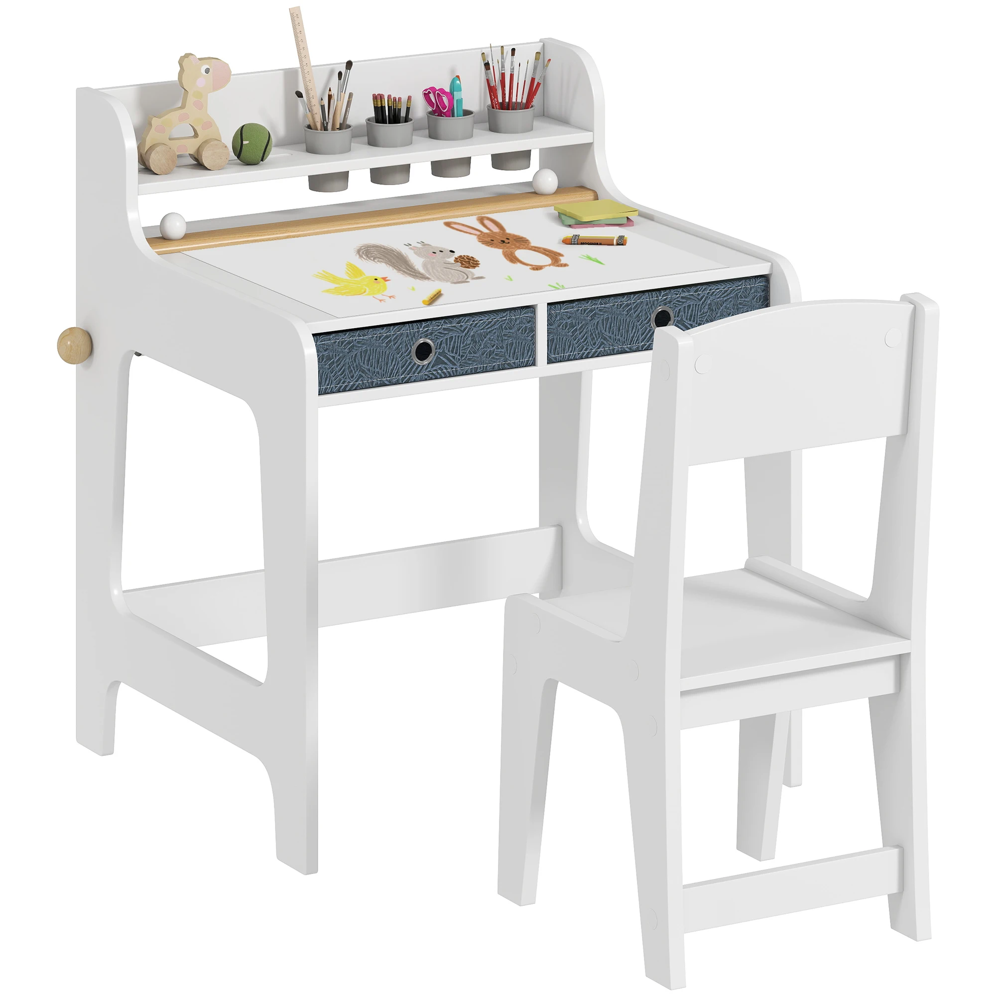 AIYAPLAY Escritorio Infantil con Silla, Pupitre Infantil con 2 Cajones Extraíbles, Estante y Portavasos, para Estudiar, Leer y Dibujar, Mesa para Niños para Dormitorio, Sala Estudio, Blanco