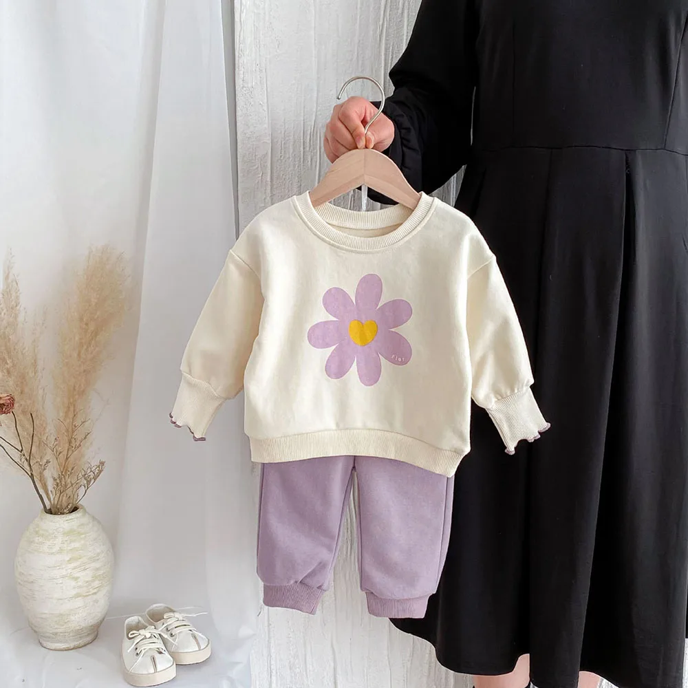 Milangel-Conjunto de Sudadera con capucha y estampado de flores para niño, traje de 2 piezas con cuello redondo y pantalones, estilo coreano, para otoño - imagen 2