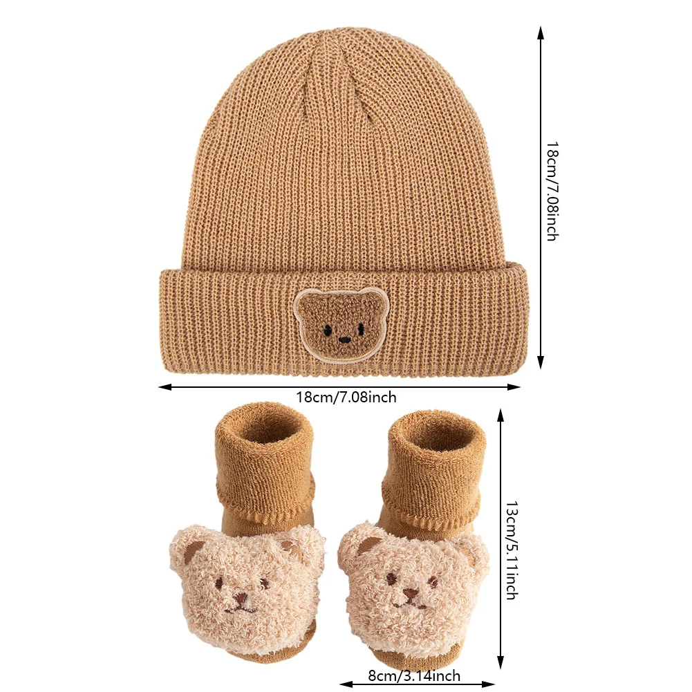 Gorros de punto liso y calcetines cortos gruesos de dibujos animados de oso, gorros de turbante para otoño e invierno, medias de 0 a 12M, 2 uds. - imagen 2