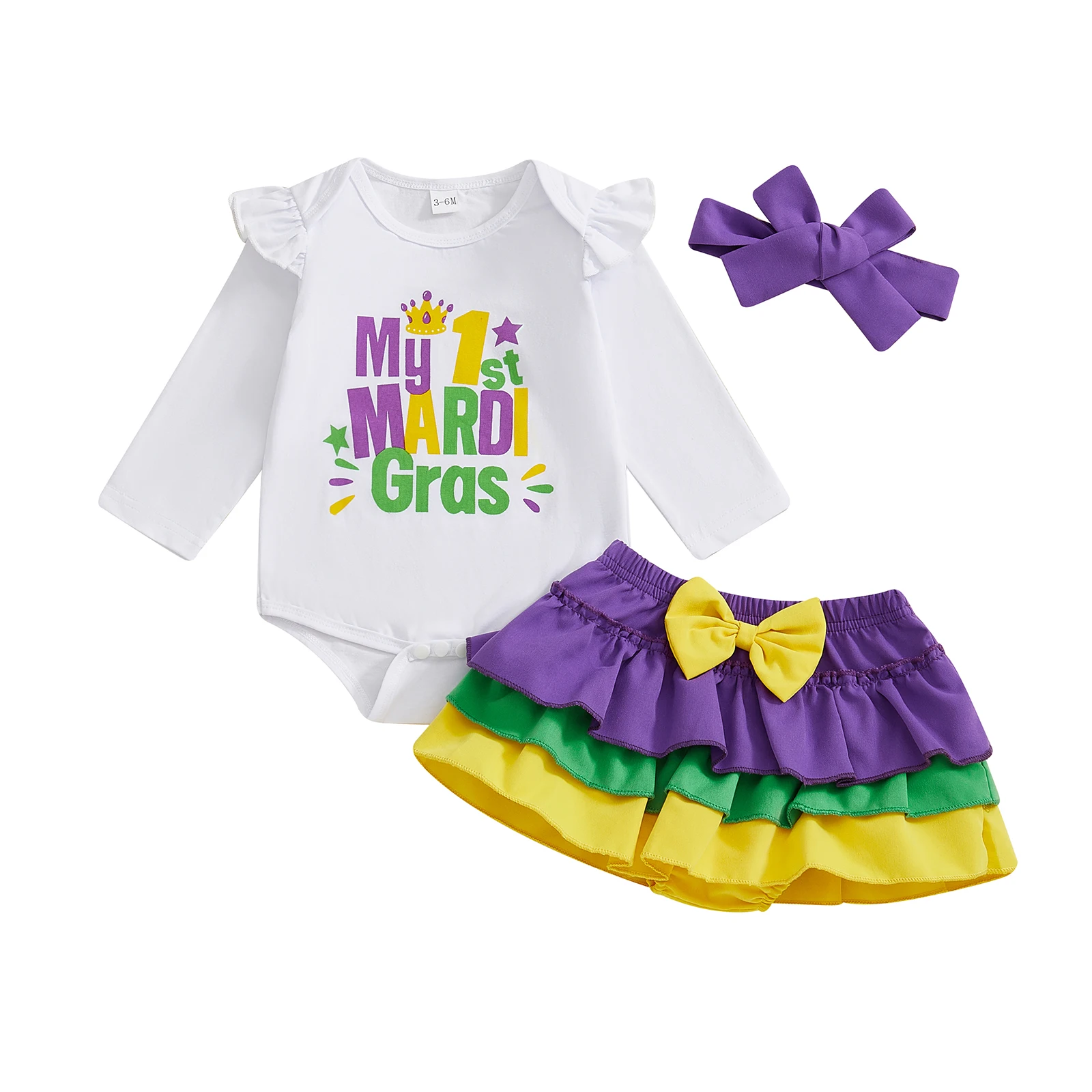 SUNSIOM Conjunto de 3 piezas de mameluco de manga larga con letras de Mardi Gras para niña, falda con gradas y diadema con lazo