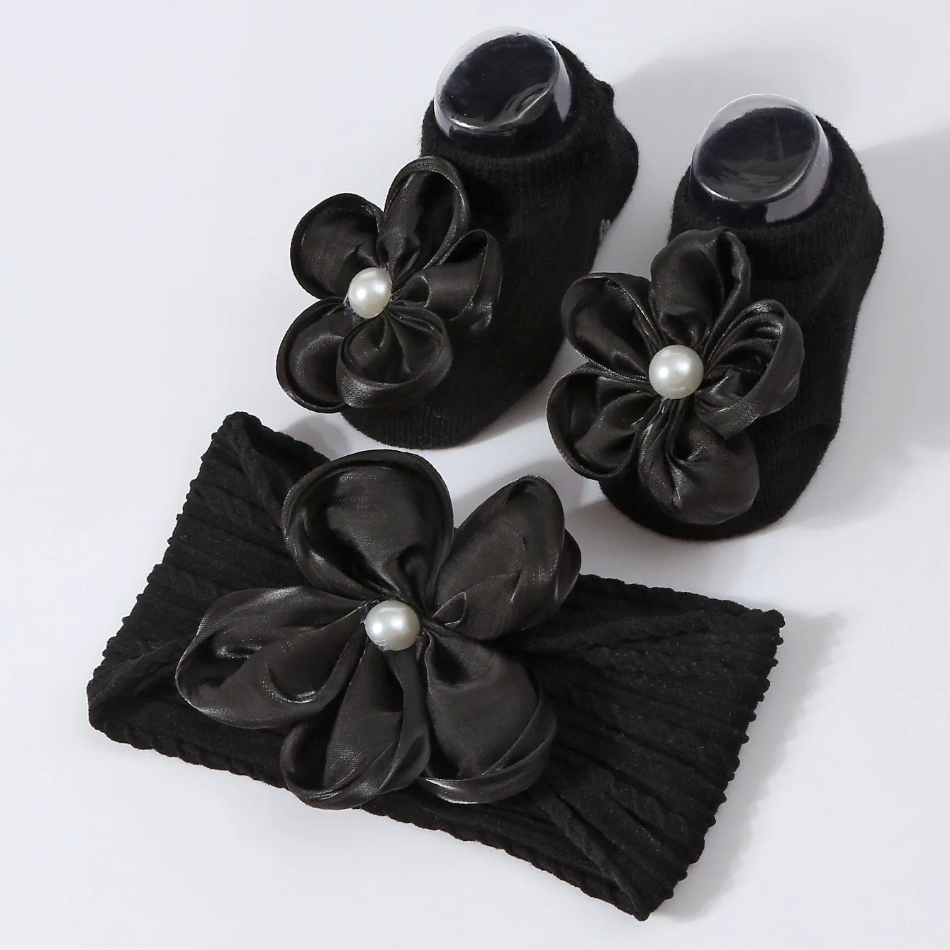 1 Juego de diademas de flores y perlas para recién nacidos, calcetines medios, calcetines suaves para bebés y niños pequeños, calcetines tejidos de algodón para niñas, bonitos calcetines con diadema - imagen 3