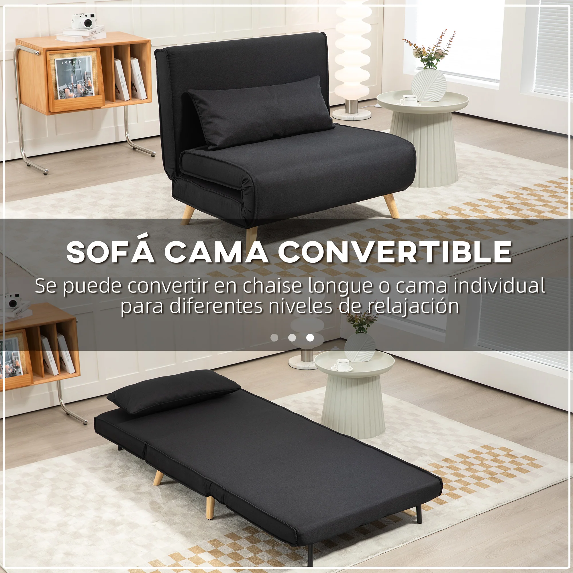 HOMCOM Sofá Cama Individual 3 en 1, Sillón Cama Plegable con Respaldo Ajustable en 6 Posiciones, Asiento Amplio, Almohada Acolchada, Patas de Madera, Carga 350 kg, 94x78x80 cm, Negro - imagen 4