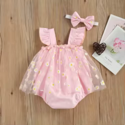 VISgogo-Pelele con estampado de margaritas para niñas pequeñas, traje de malla con manga de mosca, conjunto de diadema con lazo, ropa de verano