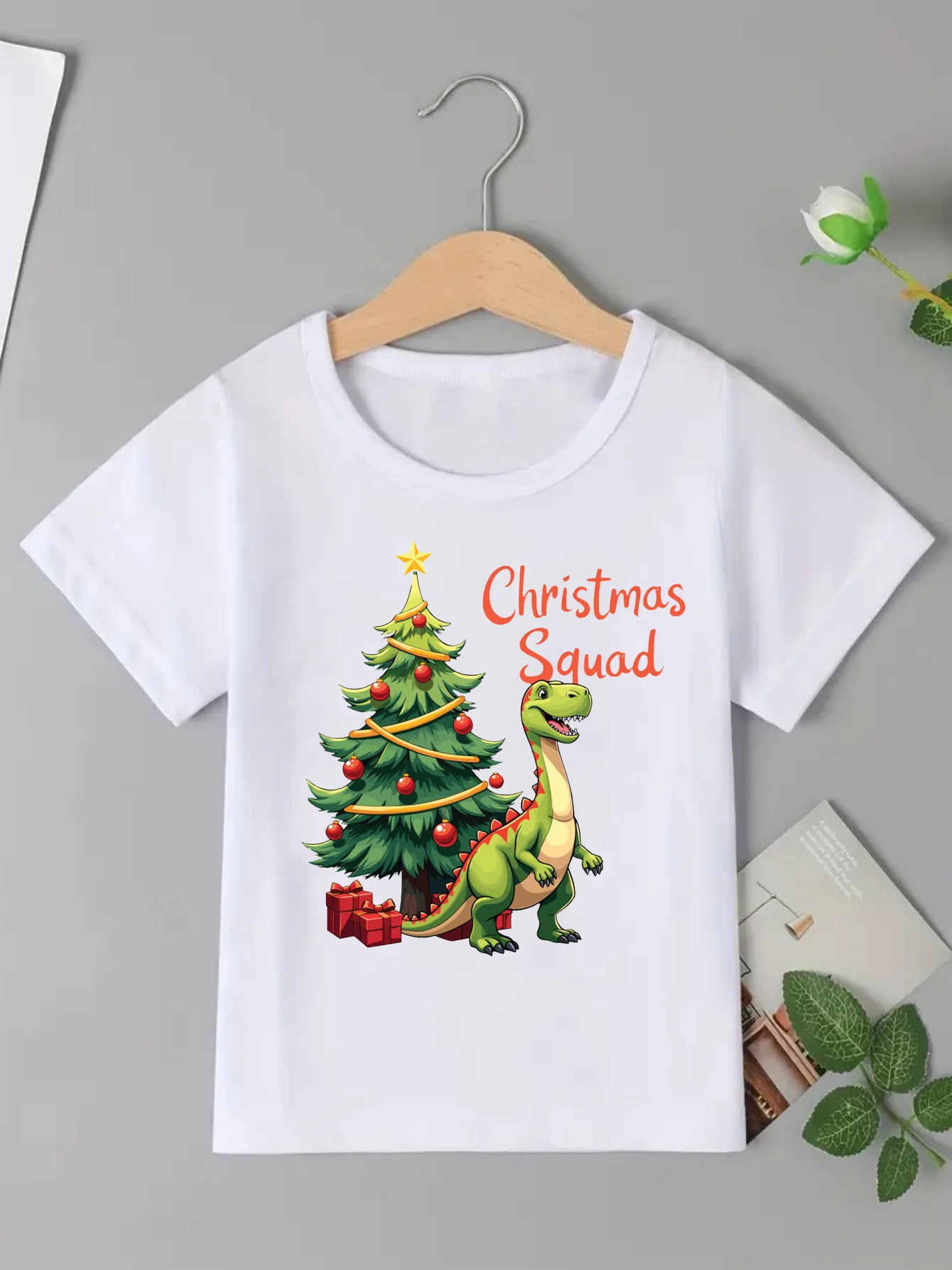 Escuadrón de Navidad árbol de Navidad dinosaurio impreso camiseta niñas/niños regalo de Navidad camiseta Festival vacaciones camisa Kawaii ropa para niños - imagen 2