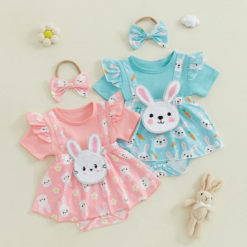 SUNSIOM Vestido mameluco de Pascua para niña de 0 a 18 meses, manga corta, cuello redondo, estampado de conejito, mameluco con diadema