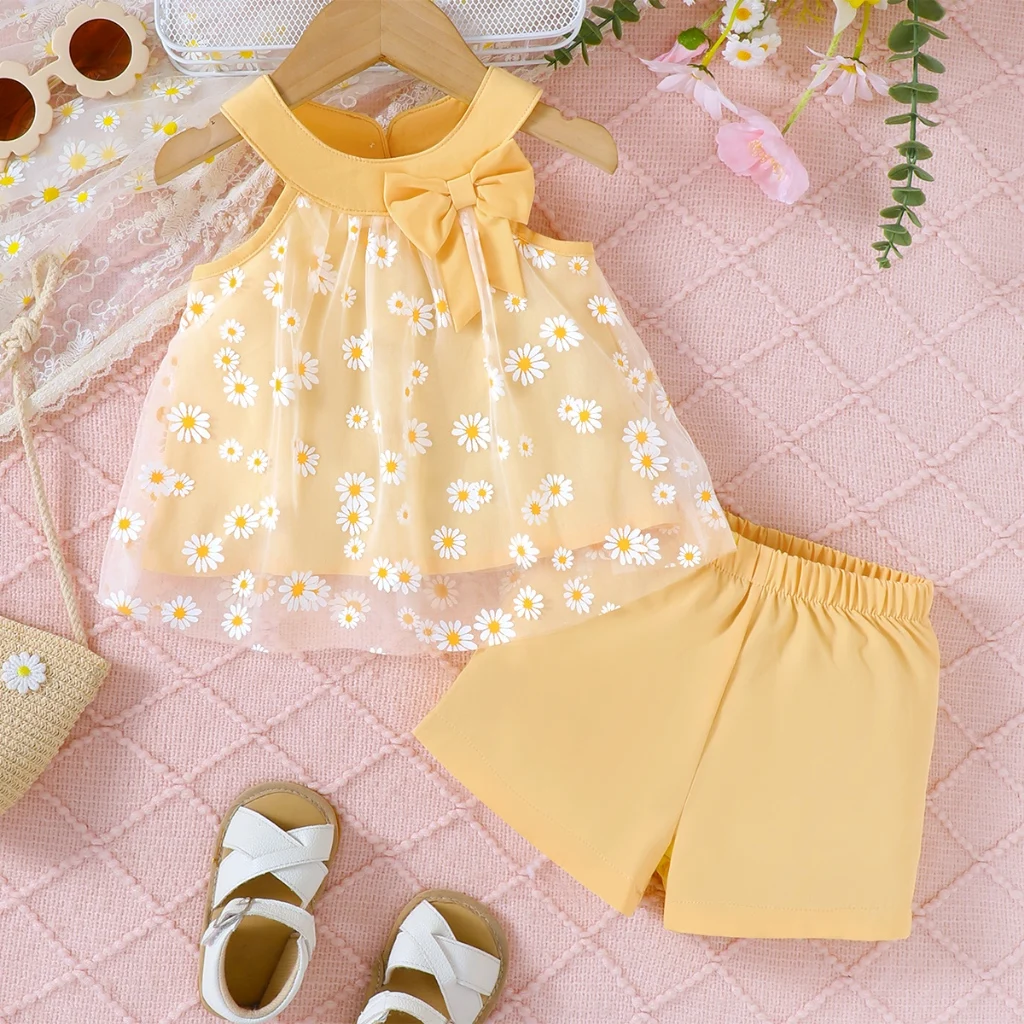 Conjunto de ropa para niños pequeños de 0 a 3 años, Top de malla con margaritas sin mangas y hombros descubiertos + Pantalones cortos, traje fresco de verano, conjunto de vacaciones de moda, 2 uds.