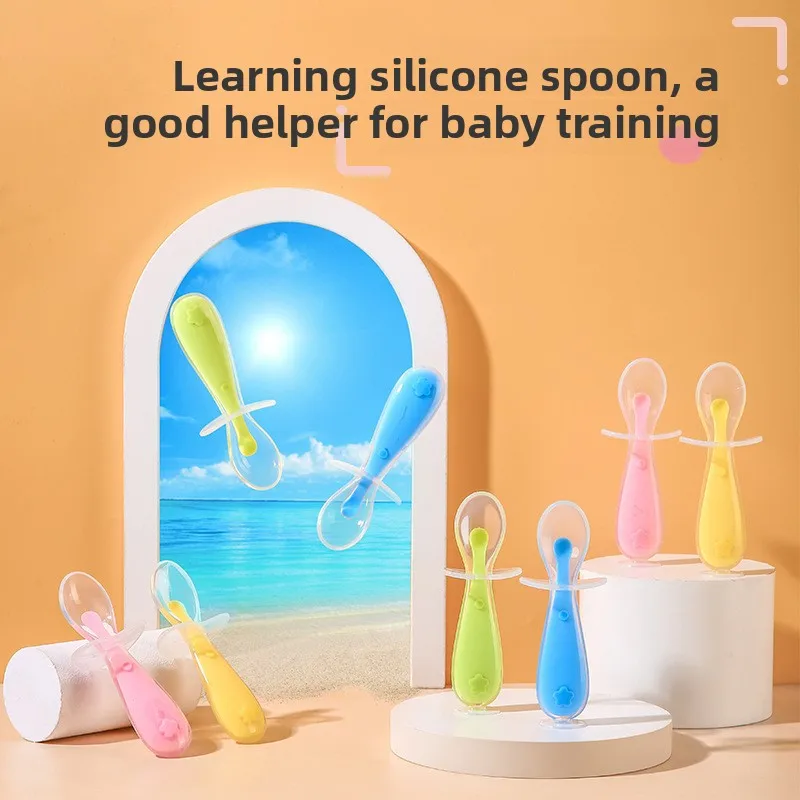 Cuchara de silicona para bebé, alimentación de pasta de arroz para bebé, cuchara de sopa de cabeza suave, cuchara de entrenamiento, cuchara corta de silicona con escudo para niños - imagen 3