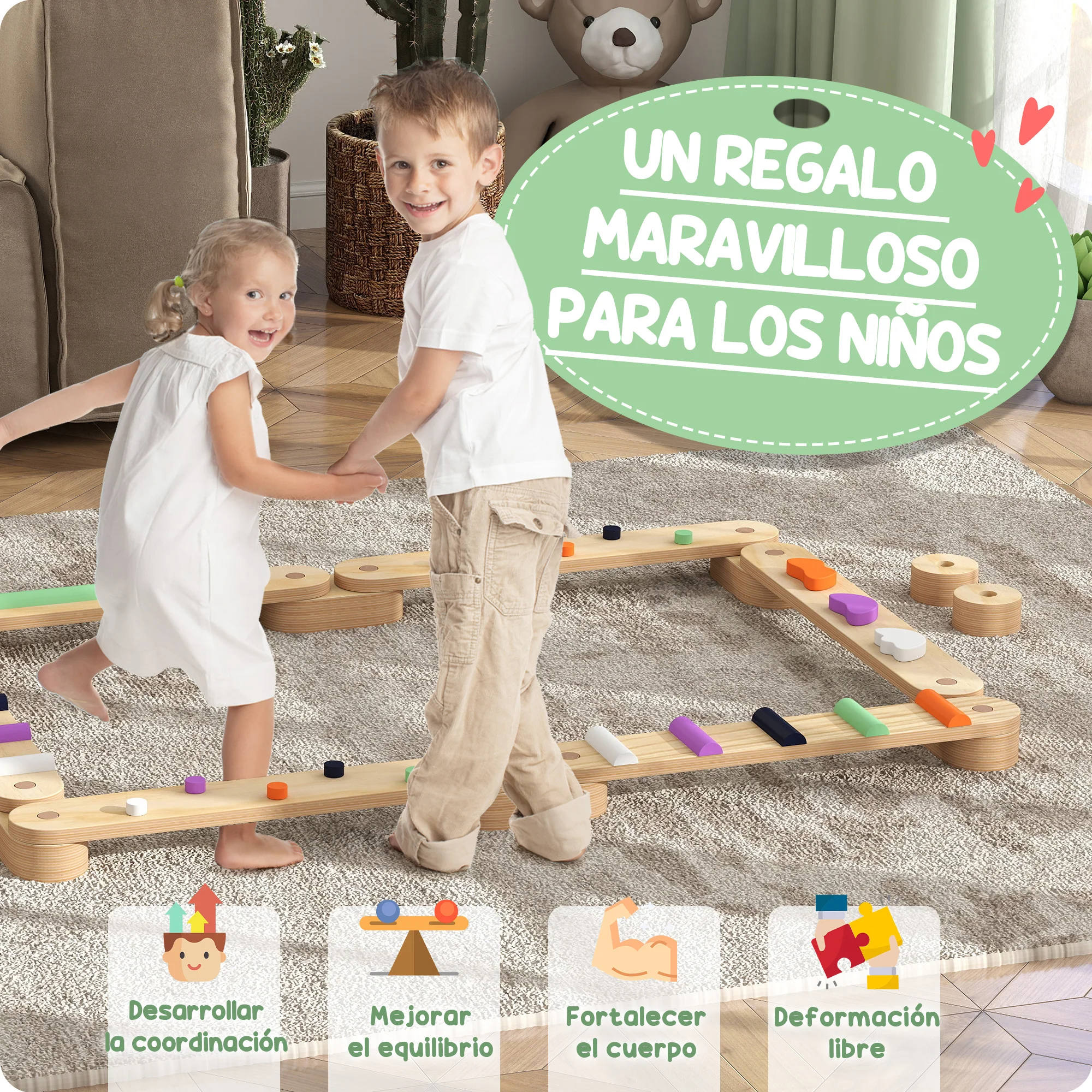 AIYAPLAY Juego de Viga de Equilibrio de Madera para Niños de +3 Años Barra de Equilibrio Infantil para Entrenamiento de Equilibrio en Interiores y Exteriores Multicolor - imagen 4