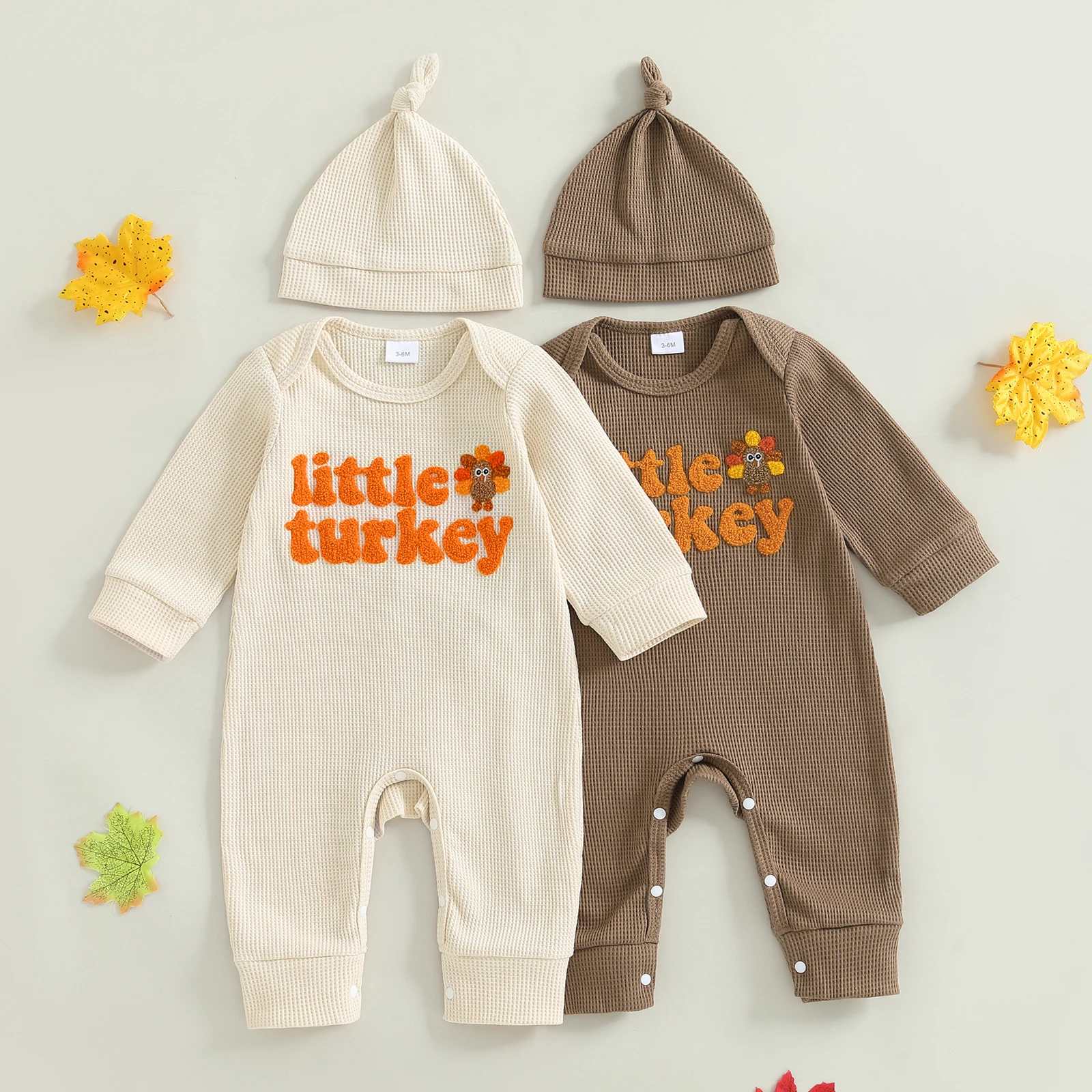 Trajes de Acción de Gracias para bebé recién nacido, pelele largo con cuello redondo y manga larga con bordado de pavo y sombrero - imagen 2