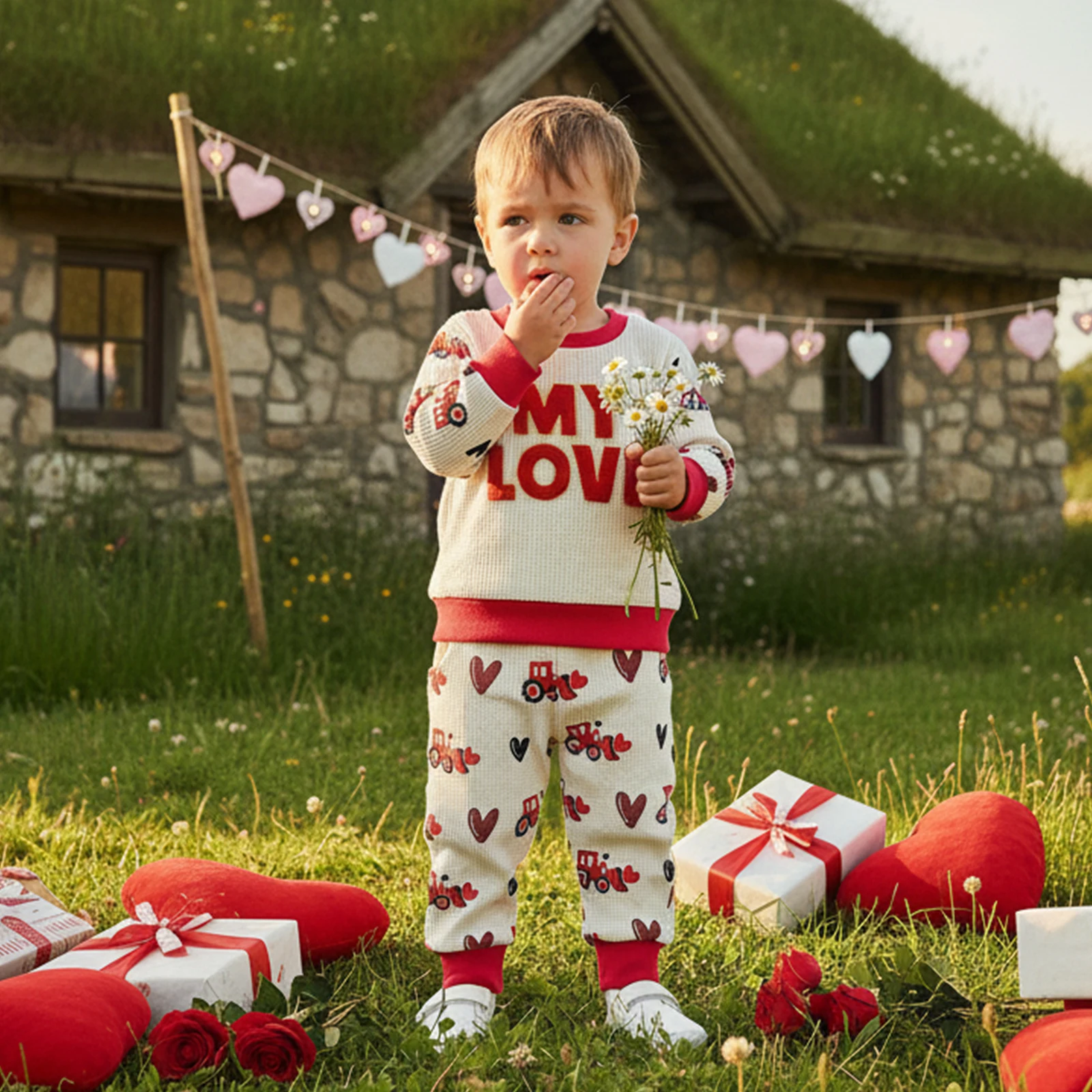 Suefunskry Conjunto de 2 piezas para el día de San Valentín para niño pequeño, bordado de letras, manga larga, cuello redondo, sudadera y pantalones para correr - imagen 4
