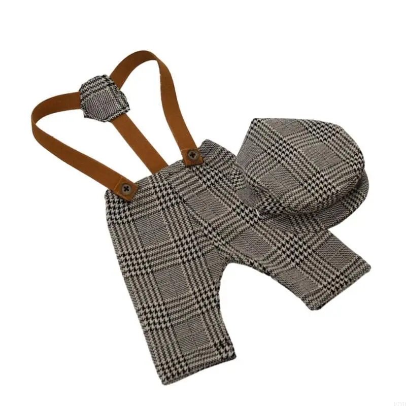 D7YD Conjunto estilo caballero para fotos inolvidables Mono a cuadros con conjunto sombrero - imagen 5