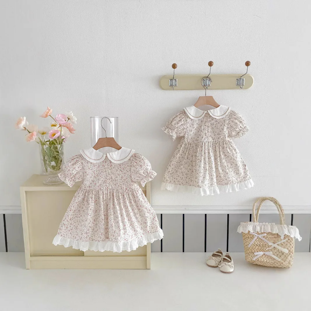 Vestido recién nacida de algodón floral con volantes y encaje verano