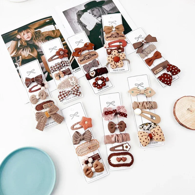 5 uds. Pinzas para el cabello Beige para niñas, lazos de tela Kawaii, conjunto de horquillas florales, accesorios bonitos para el cabello para niños pequeños, escuela - imagen 4