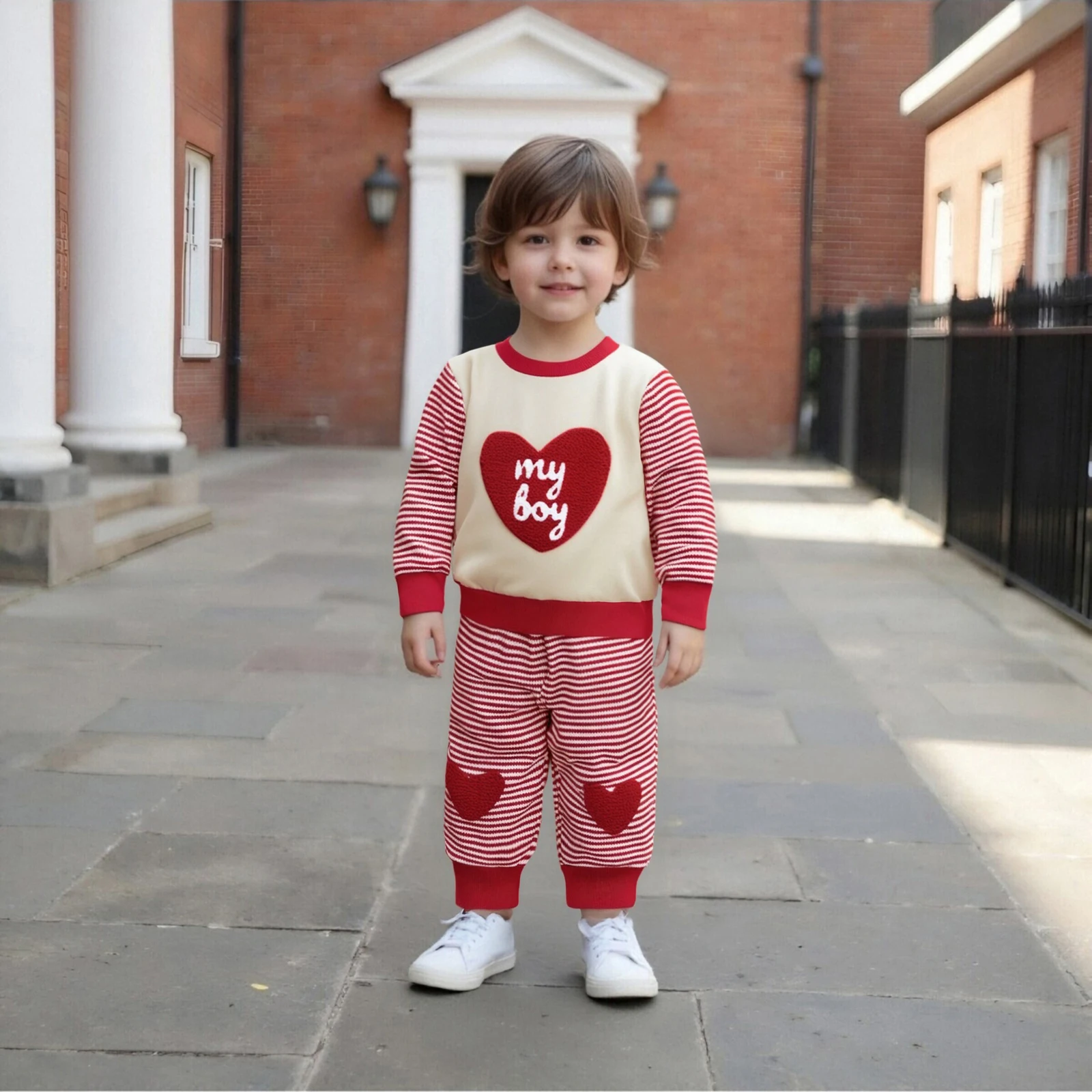 Conjunto de sudadera y pantalones con bordado de corazón de manga larga para el día de San Valentín para bebé - imagen 5