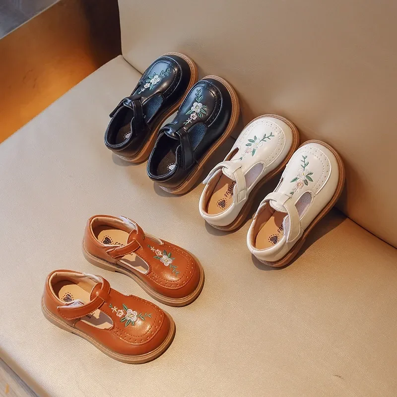 Primavera otoño niñas zapatos de cuero moda bordado zapatos escolares PU antideslizante Casual niños princesa niñas zapatos