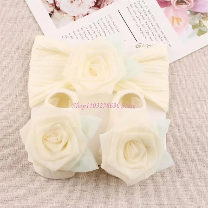 R6FD Calcetines y diadema para recién nacidos, par calcetines y gorros elásticos y cómodos para bebés, calcetines y cintas - imagen 3