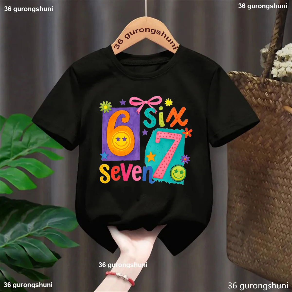 Camiseta con estampado de estrellas y lazo de flores Love Six Seven 67 para niñas, ropa Kawaii para niños, camiseta de manga corta de verano, camisetas lisas - imagen 2