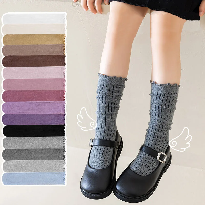 2026 nuevas medias para niños 3-8T calcetines apilados de Color sólido para niñas 15 colores calcetines de pantorrilla para niños con tira Vertical coreana - imagen 2