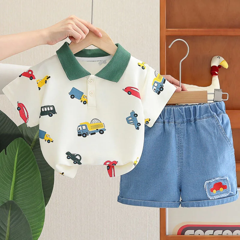 Ropa de Boutique de verano para niños, 2 piezas, moda coreana para niños pequeños, camisetas de manga corta con dibujos animados para bebés + Pantalones cortos de mezclilla, ropa para niños B147