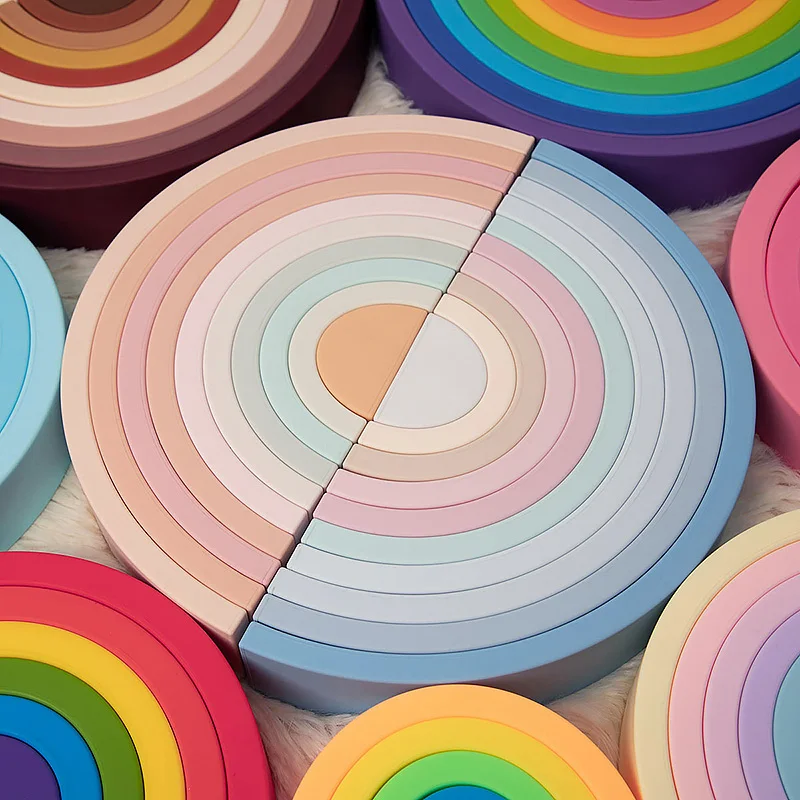 10 unid/set mordedor de silicona para bebé, juguete de bloques de construcción con forma de arco iris, regalo para chico, productos de silicona de calidad alimentaria, juguetes para la dentición del chico - imagen 5