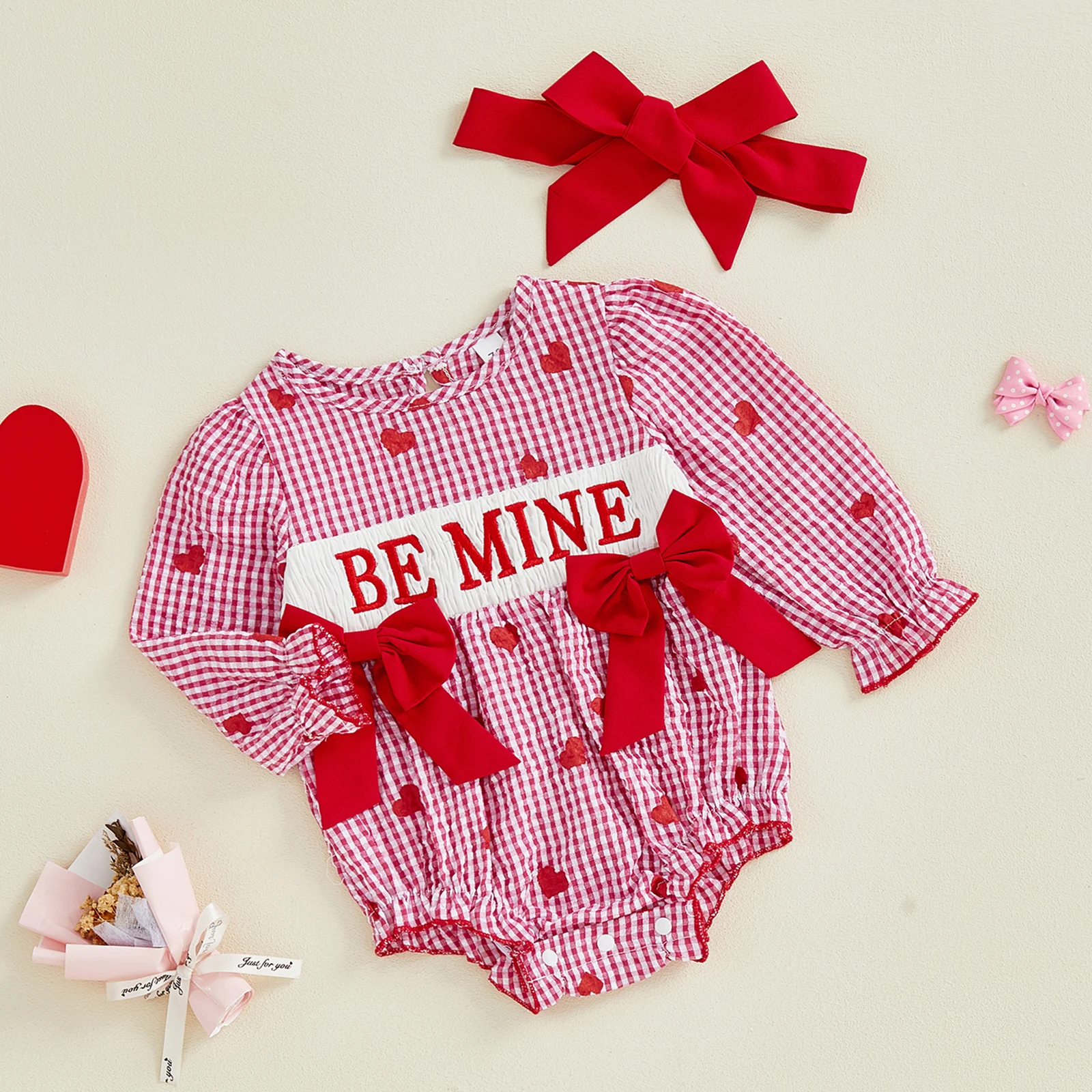 SUNSIOM Conjunto de mameluco con bordado de corazón de manga larga para el día de San Valentín para niña con diadema, ropa para recién nacido - imagen 4