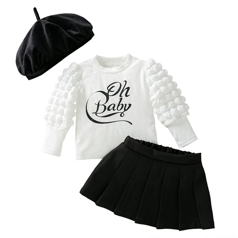 Conjunto de ropa de 3 piezas para niña pequeña, Tops de manga abombada con letras, falda y sombrero, moda coreana, Boutique, BC304 - imagen 4