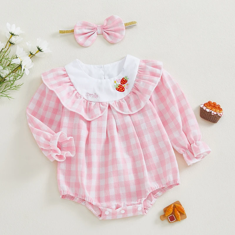 Conjunto bebé niña recién nacida con mameluco a cuadros y diadema - imagen 2