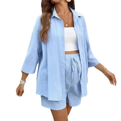 Conjunto de maternidad pantalones cortos conjunto de camisa de Color sólido mujeres embarazadas Casual suelto manga media embarazo conjunto de dos piezas