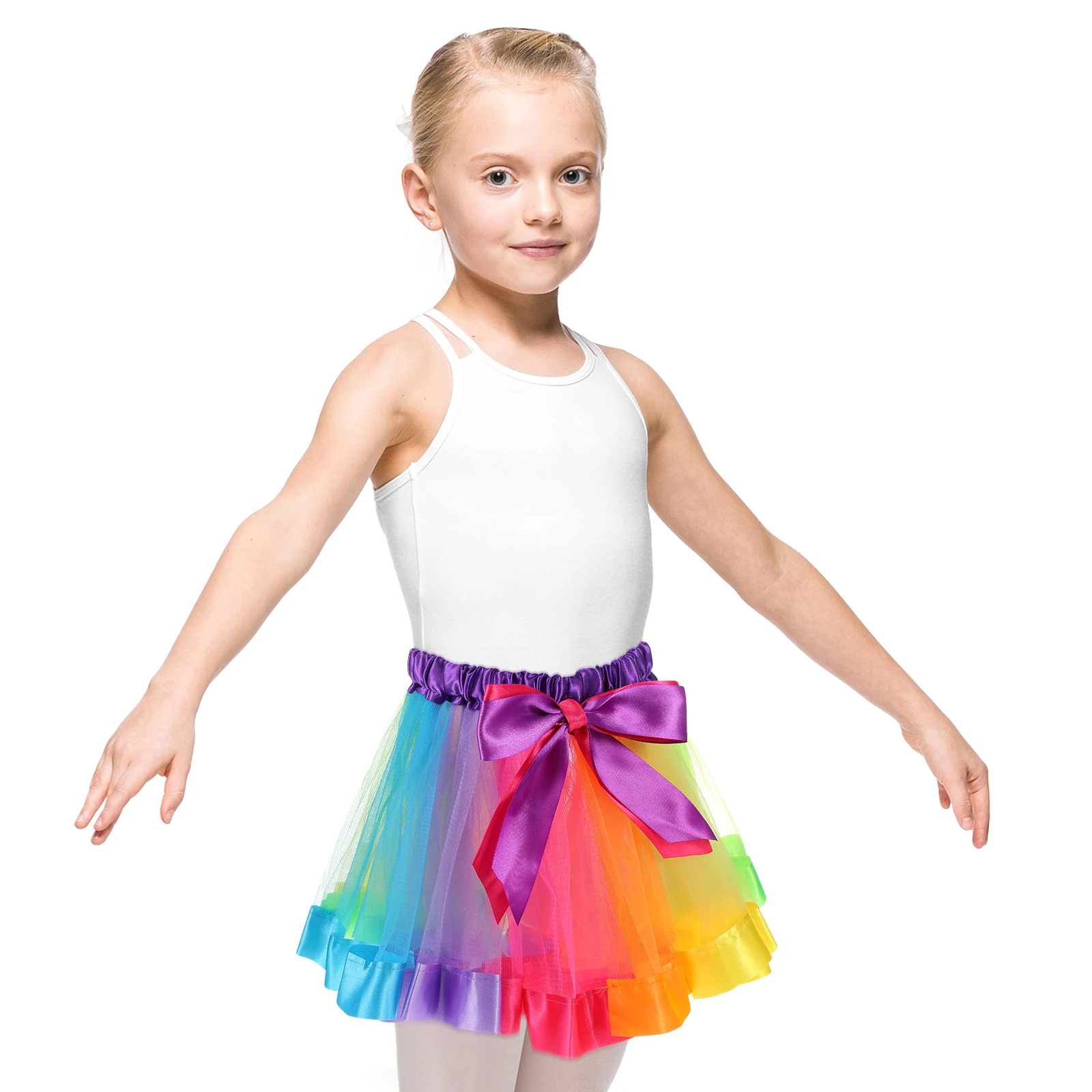 Falda tutú de arcoíris en capas para niñas, vestido de baile de Ballet con cintura elástica, cinta con lazo para fiesta de actuación de 4-6 años - imagen 2