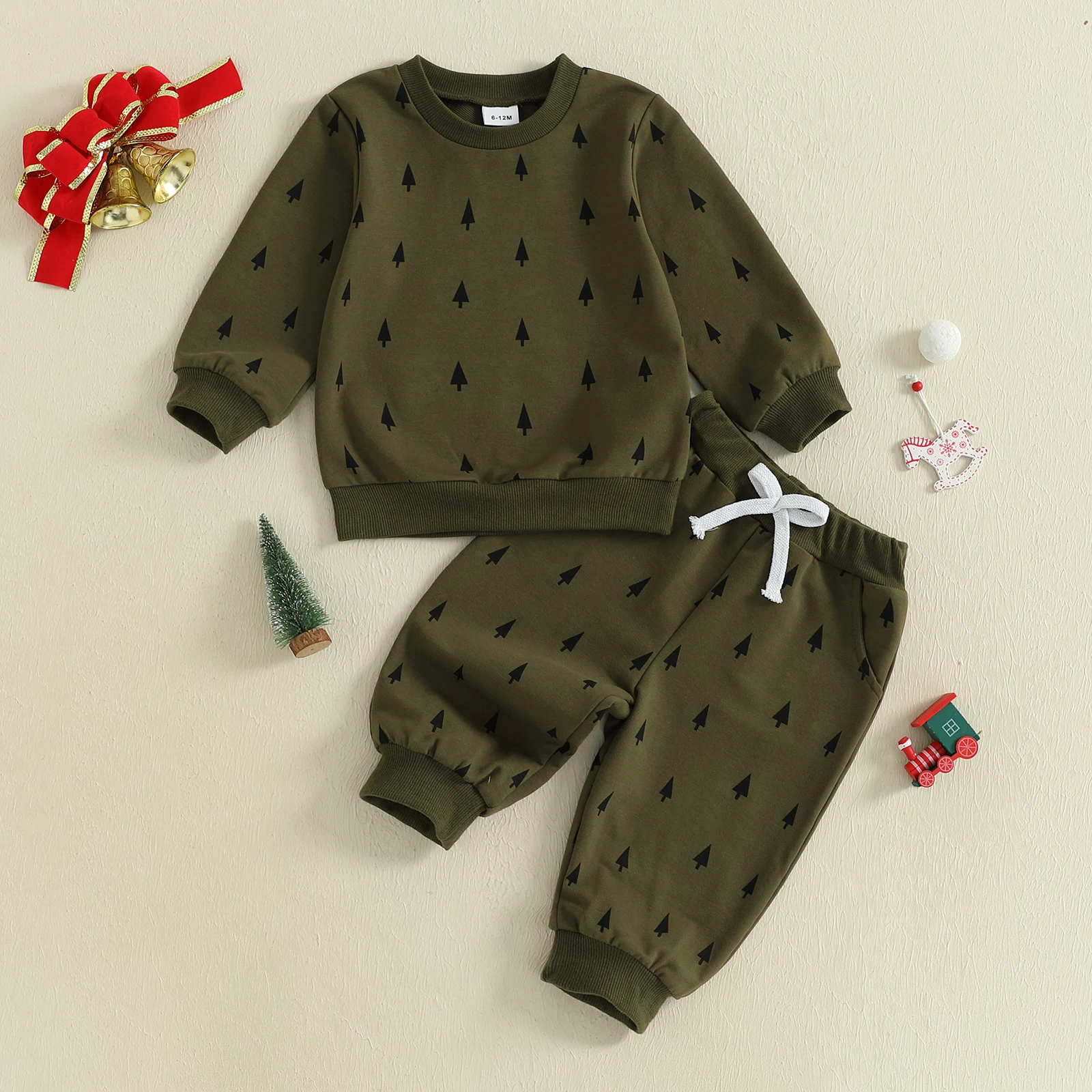 Conjunto de 2 piezas de sudadera y pantalones de manga larga con estampado de árbol de Navidad para bebé y niño pequeño - imagen 2