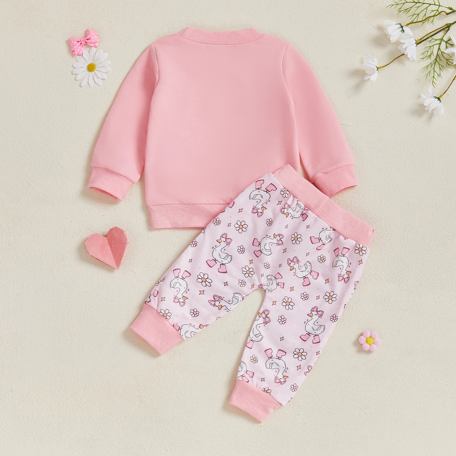 Conjunto de otoño para niñas pequeñas, jersey de manga larga con estampado de ganso a la moda, pantalones con lazo y bolsillo, traje de 2 piezas - imagen 2