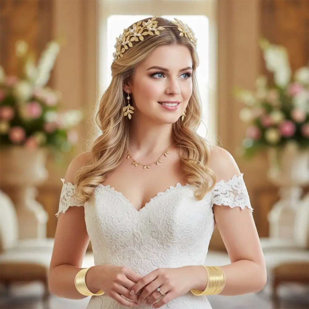 Conjunto de joyería de boda barroca para mujer, pendientes de novia dorados, joyería para el cabello de diosa griega, diademas para el cabello con diseño de hojas