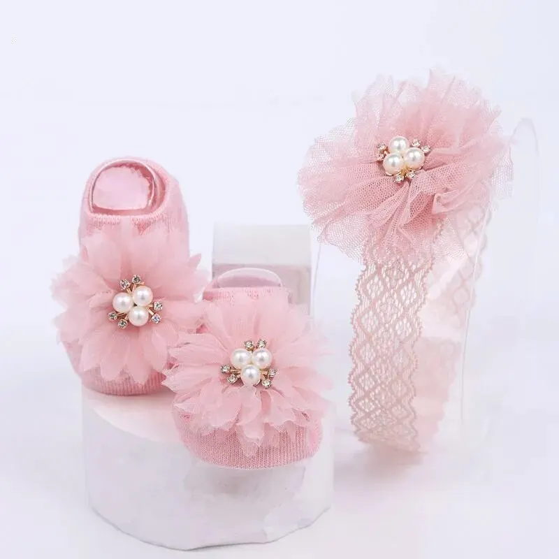 Conjunto de calcetines con lazo de perlas para bebé, calcetín de algodón antideslizante, banda para el pelo para recién nacido, turbante, accesorios para el cabello para niña - imagen 3