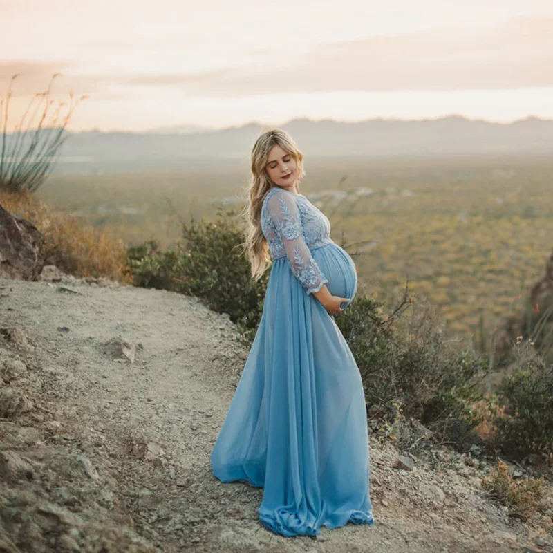 Vestido premamá de encaje con manga larga para sesión de fotos