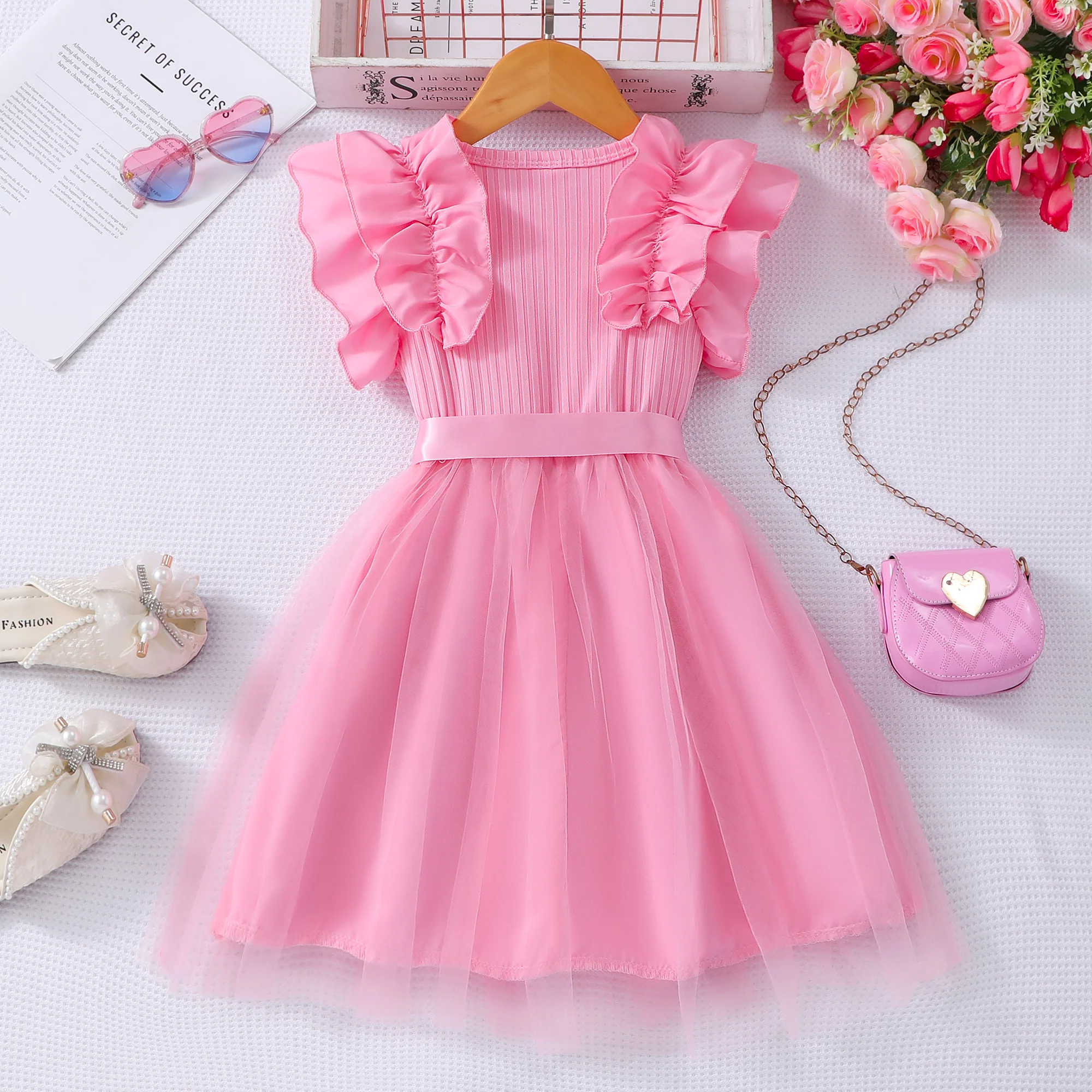 Vestido de malla para niñas, vestido de verano de manga corta con cinturón, vestidos de princesa bonitos a la moda para niños pequeños, vestido de fiesta de cumpleaños para niños de 3 4 5 6 7 años - imagen 3